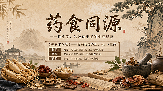 在原图基础上修改，添加《神农本草经》分类文字内容：《神农本草经》——将药物分为上、中、下三品：上药：无毒，可以长期服用，主养命以应天；中药：有毒无毒斟酌其宜，主养性以应人；下药：多毒，不可久服，主治病以应地。保持原有的中国传统古朴自然风格，文字排版整齐美观，不破坏整体构图