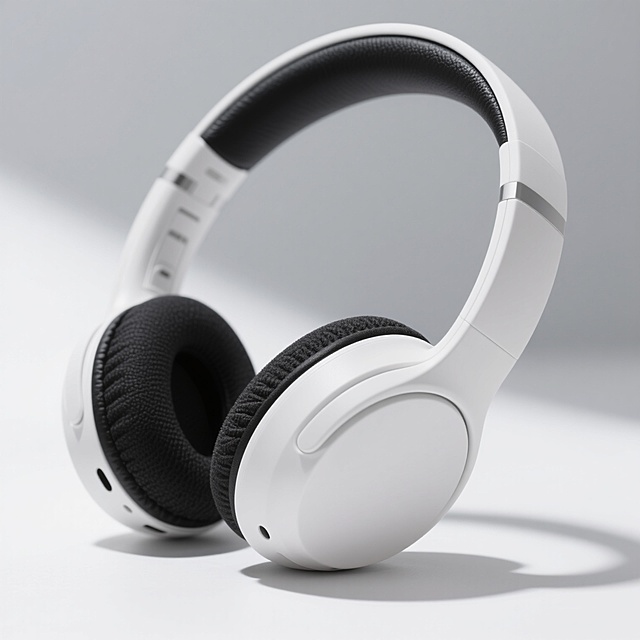 一副白色的头戴式无线蓝牙耳机，采用现代简约的设计风格，机身线条流畅圆润，头梁和耳罩外侧为光滑的白色哑光塑料材质，耳罩内侧是黑色的柔软透气记忆海绵，表面覆盖细腻的黑色织物，头梁内侧有黑色的皮质软垫。耳机以45度角略微倾斜的角度悬浮在浅色（接近白色）的纯净背景上，光线从左上方柔和照射，在耳机右侧和下方形成淡淡的灰色阴影，突出耳机的立体轮廓和材质质感，整体呈现出专业、高端、科技感的产品展示氛围。