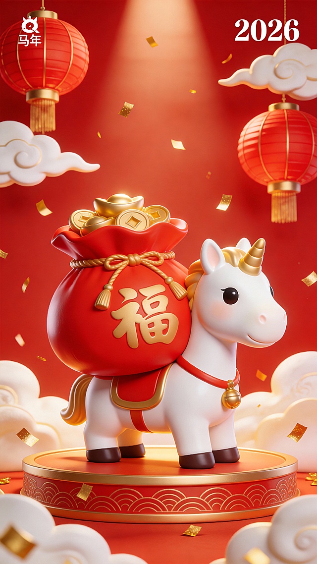 软3D风格萌趣小马驮福袋，国潮鎏金元素点缀，喜庆红金配色，卡通可爱感十足，象征2026马年好运连连。
