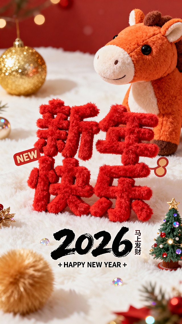 毛绒质感“新年快乐”字样搭配拟人牛玩偶，软3D风与国潮元素融合，喜庆卡通感十足，点缀节日装饰，传递2026年温馨祝福。
