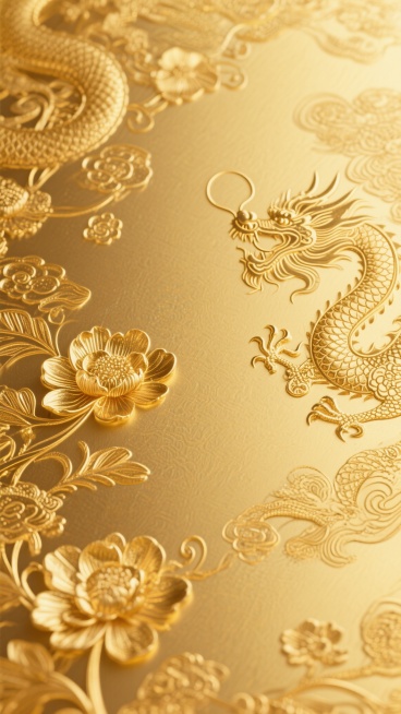 金色主色调，具有金箔质感的奢华背景，表面呈现细腻的金色花卉纹理图案，融入传统龙纹元素，整体采用国风设计风格，金色从浅到深自然渐变，光影柔和，营造出高贵典雅、富丽堂皇的视觉效果，纹理清晰且富有层次感，展现出浓厚的中国传统文化韵味与奢华大气的氛围。预览效果