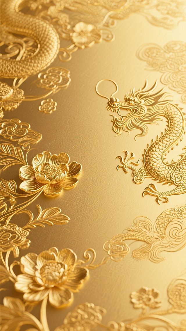 金色主色调，具有金箔质感的奢华背景，表面呈现细腻的金色花卉纹理图案，融入传统龙纹元素，整体采用国风设计风格，金色从浅到深自然渐变，光影柔和，营造出高贵典雅、富丽堂皇的视觉效果，纹理清晰且富有层次感，展现出浓厚的中国传统文化韵味与奢华大气的氛围。