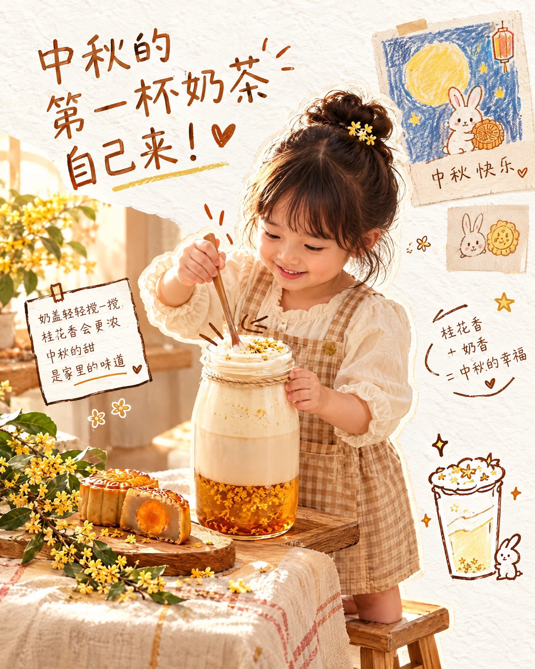 参考图的手绘拼贴风格，米白色纹理纸张背景，温暖治愈的中秋奶茶主… - 图片创意预览