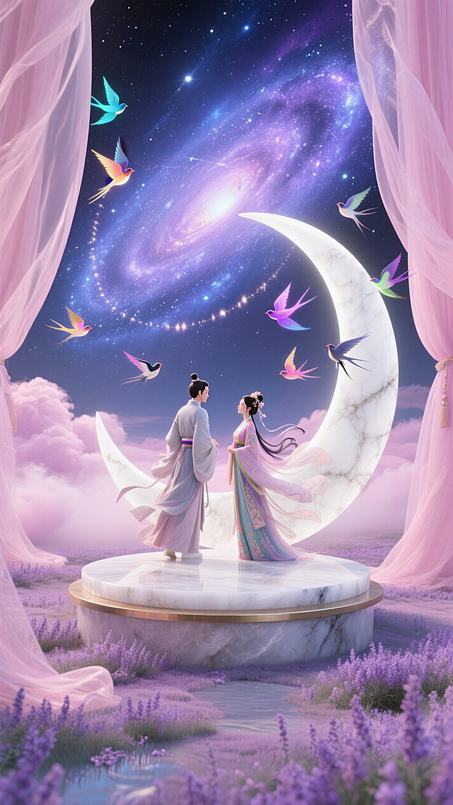 梦幻3D风，情侣立于月桥，彩鸟环绕，星河璀璨，超现实浪漫场景。