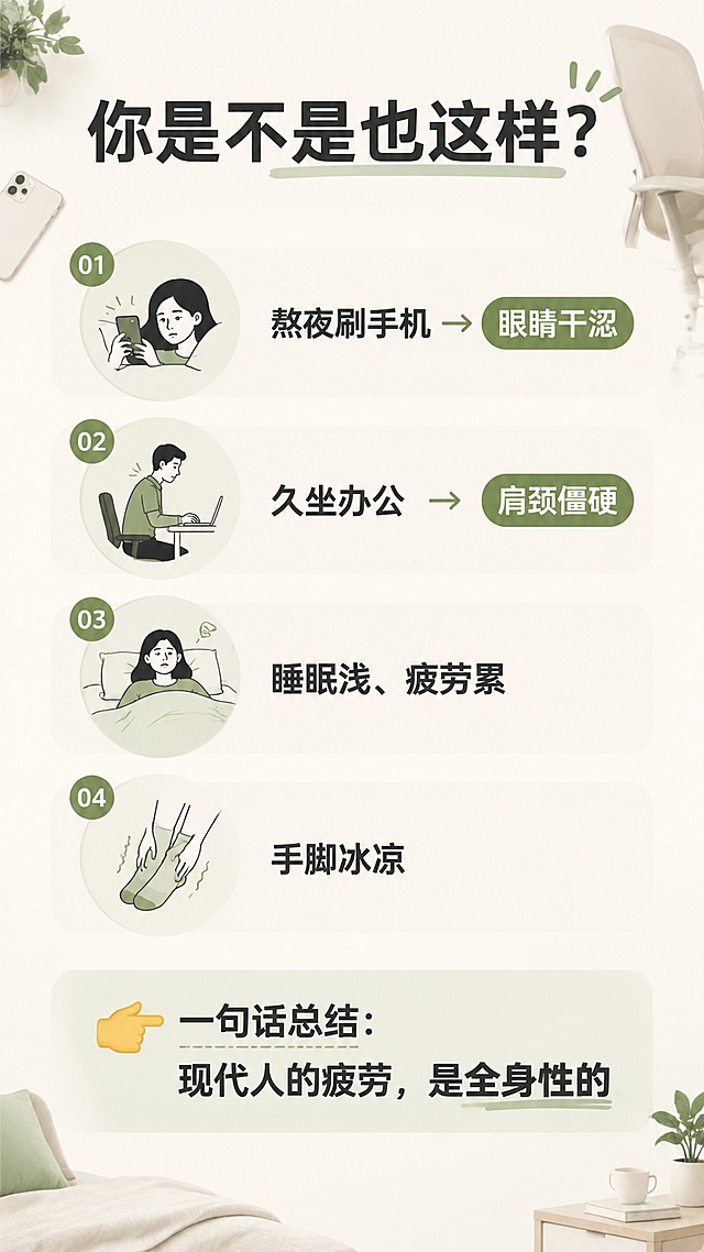 「图片1」，生成详情页，商品名称为（蒸汽&全身SPA），适配抖音/快手平台，单图比例为9:16，需求屏数为10张  《艾草暖养三件套｜从头暖到脚》
① 顶部爆点主视觉（第一屏）

主标题（大字）：
👉 从头暖到脚 · 艾草暖养三件套

副标题：
蒸汽眼罩 + 艾草按摩锤 + 草本足浴包

核心卖点3连击（必须大）：

缓解眼疲劳 👁
全身放松 🧘‍♀️
艾草暖养 🌿

价格锚点：
🔥 99元/套（强突出）

② 痛点场景引导（第二屏）

标题：你是不是也这样？

熬夜刷手机 → 眼睛干涩
久坐办公 → 肩颈僵硬
睡眠浅、疲劳累
手脚冰凉

👉 一句话总结：
现代人的疲劳，是全身性的

③ 产品组合展示（核心成交屏）
💤蒸汽眼罩（5盒=50片）
恒温热敷
缓解眼疲劳
熬夜党必备
🔨艾草按摩锤（1个）
艾草草本填充
敲打肩颈/背部
放松僵硬肌肉
🛁草本足浴包（30包）
艾草+多味草本
泡脚驱寒暖身
改善疲劳状态
④ 使用场景强化（第四屏）
🧑‍💻办公人群

久坐疲劳 / 眼睛酸胀

📱熬夜人群

刷手机 / 追剧 / 加班

🧓养生人群

日常调理 / 放松身体

👉一句总结：
一套解决全身疲劳问题

⑤ 使用方法（简单三步）
STEP1 👁

蒸汽眼罩 → 睡前热敷20分钟

STEP2 🔨

艾草按摩锤 → 敲打肩颈5-10分钟

STEP3 🛁

草本足浴 → 泡脚20-30分钟

👉形成闭环：
眼 → 身 → 足 全身放松

⑥ 产品安全与信任背书
草本配方更温和 🌿
无刺激成分
一次性使用更卫生
适合大多数人群
⑦ 权益与保障（抖音必放）

✔ 运费险
✔ 七天无理由
✔ 支持试用体验
✔ 一盒蒸汽眼罩试用装赠送

⑧ 强转化收口（最后一屏）
💥限时套餐价：99元/套

包含：

5盒蒸汽眼罩（50片）
艾草按摩锤1个
草本足浴包30包

👉一句强收口：
一套搞定全身疲劳，从头暖到脚