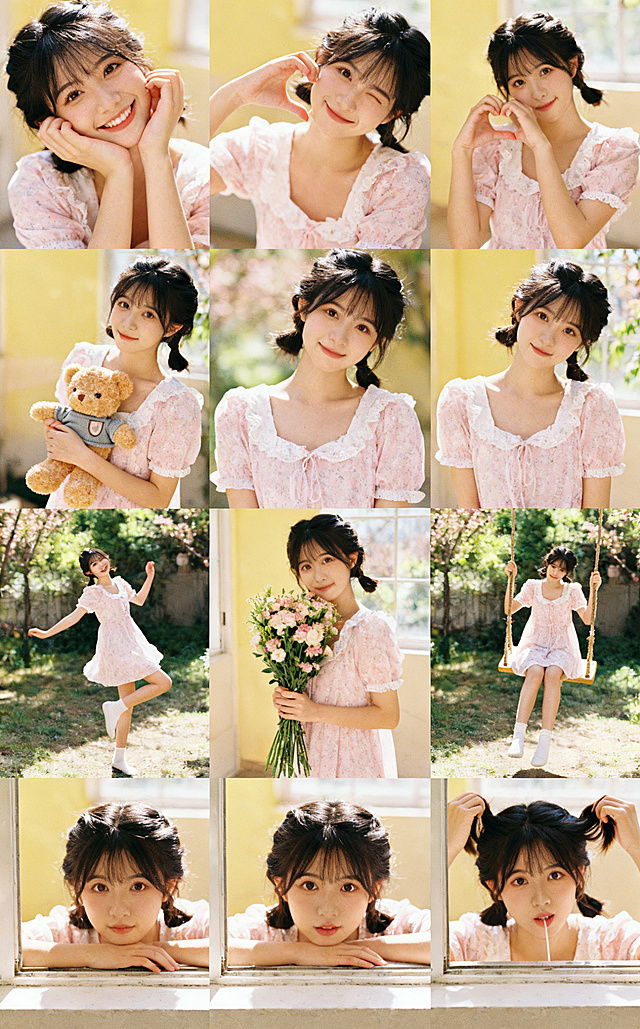 胶片风与东亚美学交融，粉嫩碎花裙搭配柔和光影，展现甜美可爱与文艺浪漫的清新日常，窗边、花丛、秋千间尽显温柔治愈的春日诗意。