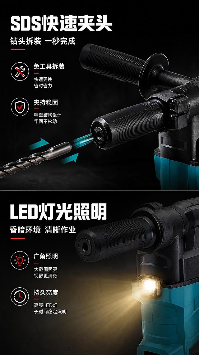 [第7张] SDS快速夹头+LED照明-双细节展示页。本张使用【图8】作为辅助手柄与夹头区域特写。
[氛围/风格] 工业科技风，细节微距展示，专业精密，商业摄影质感。
[元素布局] 画面上下分两区：上半区展示SDS快速夹头细节特写，占比约50%，夹头结构清晰可见，有钻头拆装示意箭头；下半区展示LED灯光照明效果，电锤前端LED灯发光照亮工作区域的示意；背景深黑渐变，突出细节质感；夹头与手柄外观与输入图一致。
[光影质感] 夹头区域侧光突出金属纹理与结构层次，LED区域有光束放射效果，整体明暗对比强烈，细节清晰。
[配色色系] 全局底色 #0D0D0D 深黑；主色青蓝 #00A0B0；辅助色红 #E63946、金属银灰、白；LED光束暖黄色。
[视角构图] 特写视角，上下分区结构，阅读动线上半区夹头细节 → 下半区LED照明。
[文字版式] 上半区主标题「SDS快速夹头」，副标题「钻头拆装 一秒完成」，白色粗黑体；夹头旁标注「免工具拆装」「夹持稳固」；下半区主标题「LED灯光照明」，副标题「昏暗环境 清晰作业」，白色粗黑体；灯光旁标注「广角照明」「持久亮度」；文字层级清晰，细节标注精准。
[比例分辨率] 9:16 竖版比例，4K 分辨率，文字清晰可辨，高清画质。
[负向提示词] 产品变形，结构错误，颜色偏差，水印，文字错乱，文字过小，产品图模糊，背景杂乱。