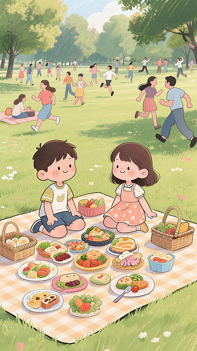 清新水彩风插画，卡通手账感，描绘春日野餐欢乐场景。