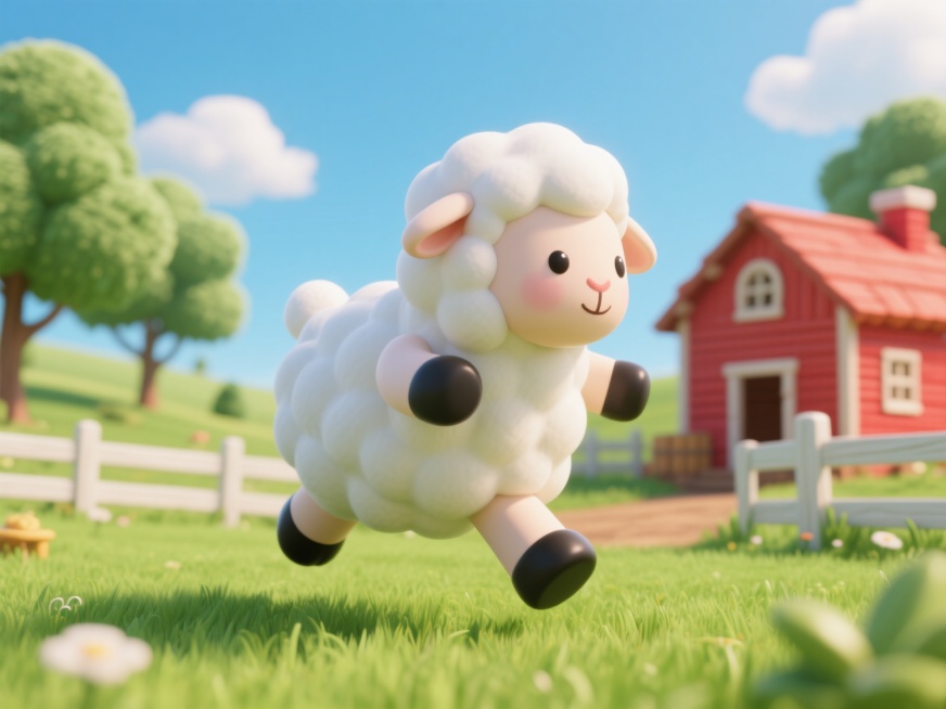 一只可爱的小羊在阳光明媚的农场里奔跑，白色的羊毛蓬松柔软，圆滚滚的身体，黑色的小蹄子，周围有绿色的草地、红色的小木屋和栅栏，远处有树木和蓝天白云，整体画面温馨治愈，充满童趣预览效果