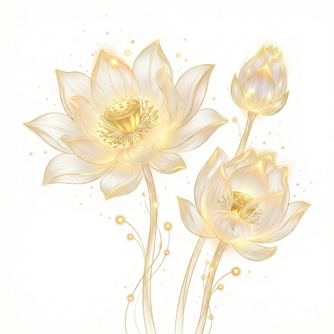 参考原图流光金线发光风格，生成三朵不同开放形态的荷花，其中一朵是未开放的花苞，还有一朵花瓣多一些，保留透明描金发光质感预览效果