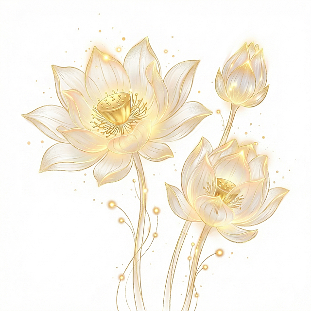 参考原图流光金线发光风格，生成三朵不同开放形态的荷花，其中一朵是未开放的花苞，还有一朵花瓣多一些，保留透明描金发光质感