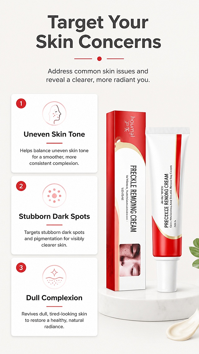[第2屏] Common skin concerns page for Houmai Freckle Removing Cream. This screen uses [image1] product reference to keep packaging consistent. Main title: "Target Your Skin Concerns". [Atmosphere/Style] Clean problem-solution layout, soft neutral background, professional skincare aesthetic. [Element Layout] Left side three numbered cards, each for one common concern: 1. "Uneven Skin Tone", 2. "Stubborn Dark Spots", 3. "Dull Complexion". Right side small product display. Each card uses simple icons and short descriptions. All elements well spaced, no crowding. [Lighting & Texture] Soft diffuse lighting, clear card borders, comfortable visual hierarchy. [Color Scheme] Global background #f8f8f8, card background white, main text dark gray, accent color matching product red. [Perspective & Composition] Left cards right product, two-column layout, clear reading flow. [Text Layout] All texts in English, short descriptions for each concern, clear hierarchy, text not overlapping product. [Resolution & Ratio] 9:16 vertical ratio, 4K resolution, clear text, high definition. [Negative Prompt] Deformed product, Chinese characters, exaggerated comparison, text blur, distorted layout, watermark.