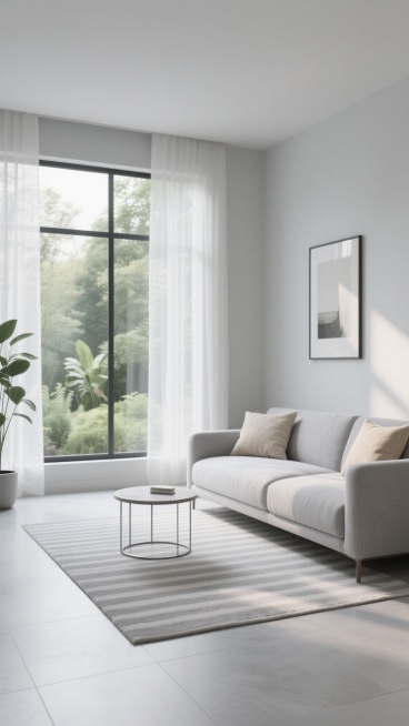 极简主义风格客厅3D渲染，浅灰色布艺沙发搭配米色靠垫，沙发前铺设浅灰色条纹地毯，旁边放置金属框架圆形小茶几，浅灰色墙面挂有简约装饰画，大面积落地窗配以白色半透明纱帘，窗外变换为自然绿植景观，整体色调以灰白为主，柔和自然光从窗户洒入，形成清晰的光影层次，地面为大块浅灰色瓷砖，空间干净通透，线条简洁流畅，营造宁静舒适的氛围。预览效果