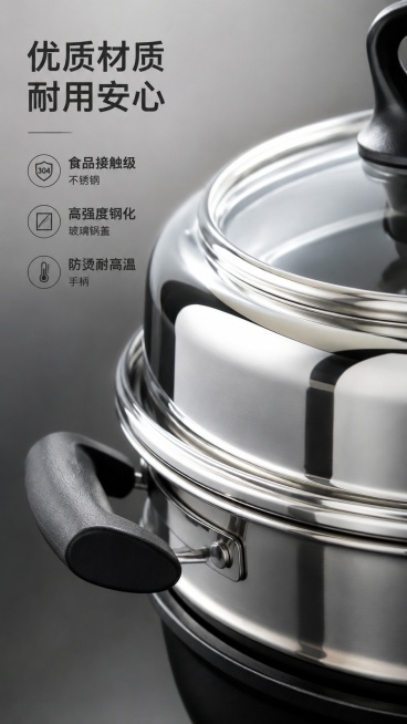 [第7屏] 材质细节-不锈钢机身与玻璃锅盖微距展示。本屏使用【图1】局部作为展示主体。
[氛围/风格] 材质微距特写，质感细腻突出，工业风清晰展示。
[元素布局] 不锈钢锅身与锅盖衔接部位放大特写，占预览效果