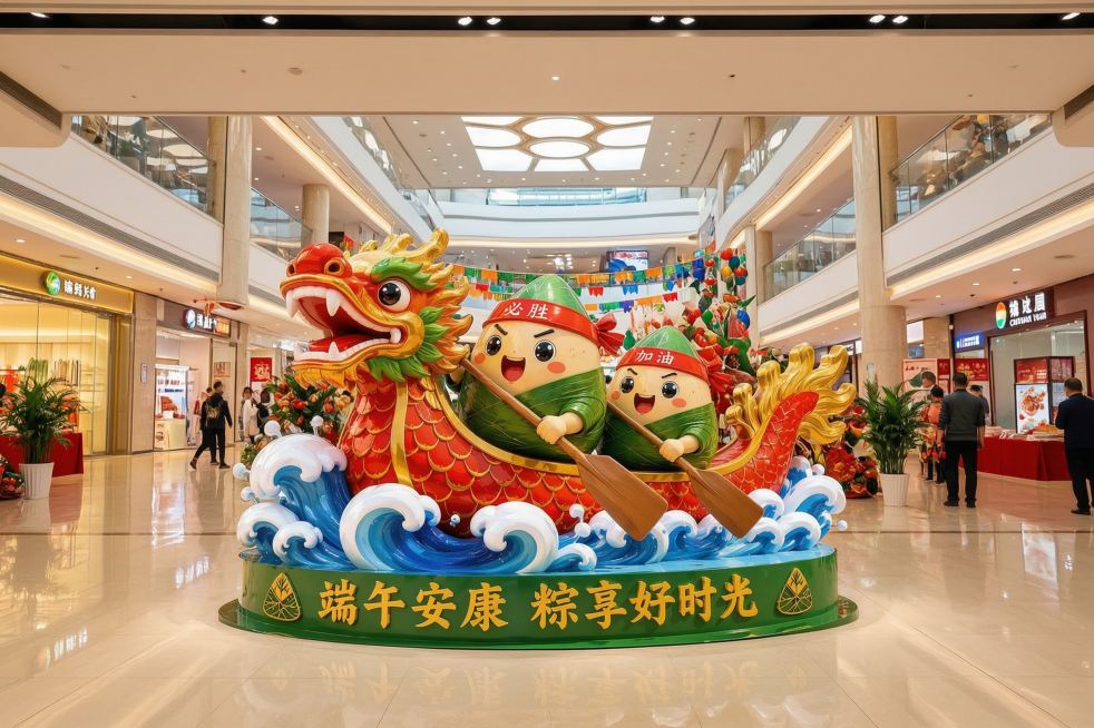 给这个龙舟粽子雕塑添加端午商业美陈场景，放在商场大厅入口，实拍效果，自然光影，商业场景氛围，保留雕塑的原有造型和文字预览效果