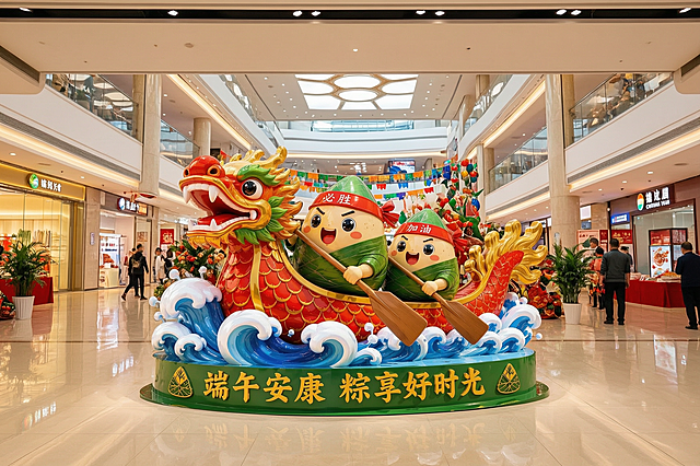 给这个龙舟粽子雕塑添加端午商业美陈场景，放在商场大厅入口，实拍效果，自然光影，商业场景氛围，保留雕塑的原有造型和文字