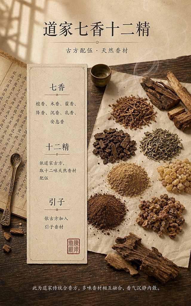 [商品] 道家七香十二精香方原料展示：檀香、木香、藿香、降香、沉香、乳香、安息香等天然香材，以粉末、碎料、木块形态平铺于素色宣纸或木盘上；旁有古方手写稿（毛笔小楷）、铜制小药匙。无现代包装与标签。
[画面] 页面目标：香方介绍页，传达道家古方配伍的正统与天然。构图：上方标题区+中部香方卡片（居中偏左）+右侧香材平铺俯拍图（占画面约50%）。香方卡片为宣纸质感竖长方形卡片，内分三栏：七香、十二精、引子。背景为深木桌纹理，散落几片香材与一缕淡香烟气。阅读动线：顶部标题→左侧香方卡片→右侧原料图。
[视觉] 套系策略：风格=素雅道家古法中式，克制留白古雅静气，拒绝网红国潮与促销感；标题字=宋体（细宋/老宋）；正文字=仿宋或楷体；主色=米白宣纸色+茶褐+深灰+墨绿；背景延展=基于米白宣纸色做深浅层级、同色渐变和细腻宣纸/木纹质感；强调色=朱砂红，仅用于小面积印章、引线和标签；标题色=深炭灰近墨色；正文色=中暖灰；组件=印章、宣纸纹、水墨细线、木纹、淡香烟气；光影=左前侧柔和自然光，静室窗影，暖调柔光，阴影柔和。
[文字] 顶部主标题「道家七香十二精」（宋体大字），其下副标题「古方配伍 · 天然香材」（仿宋小字）。居中香方卡片内三行标题：「七香」「十二精」「引子」，对应内容分别为「檀香、木香、藿香、降香、沉香、乳香、安息香」「依道家古方，取十二味天然香材配伍」「依古方加入引子香材」。卡片右下角盖朱砂印章。底部一行小字：「此为道家传统合香方，多味香材相互融合，香气沉静内敛。」所有文字横排。
[规格] 图片比例750:1200（竖版详情页单屏），分辨率4K，负向提示：避免变形、错字、文字过小、网红国潮风、粗黑体、高饱和度、促销标签、花哨图标、塑料容器、神像法坛。
