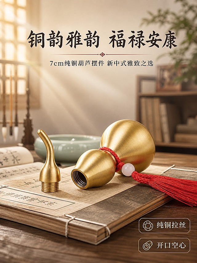 [商品] 使用【图1】7cm纯铜葫芦摆件；保留金色拉丝质感、红绳编织配白色圆珠、红色流苏、开口空心螺纹结构、葫芦整体造型比例；增强金属拉丝纹理和光泽，保持产品原貌不变。
[画面] 页面目标：氛围头图，建立新中式雅致第一印象。构图：上中下三层，上方留白放标题，中部铜葫芦为绝对主角，下方浅景深书房场景。主体占比约50%，45°侧视角度，铜葫芦横放在线装古籍上，古籍置于原木书桌。前景：书页纹理+铜葫芦清晰主体；中景：青瓷笔洗、毛笔架；后景：虚化的木质书架与绿植剪影。左侧窗棂透进午后阳光，形成丁达尔光效，营造静谧雅致的书房氛围。
[视觉] 套系策略：风格=新中式雅致商业摄影；标题字=阿里妈妈东方大楷；正文字=思源宋体；主色=米白+原木色；背景延展=基于米白原木做深浅层级、同色系渐变和宣纸/木纹质感；强调色=朱砂红，仅用于小面积图标、引线和标签；标题色=深墨色；正文色=深褐色；组件=细金线圆角信息卡、线性中式图标；光影=左前侧午后暖柔光，自然窗光。
[文字] 画面上方居中主标题用阿里妈妈东方大楷写"铜韵雅韵 福禄安康"，副标题用思源宋体写"7cm纯铜葫芦摆件 新中式雅致之选"。右下角轻标签两个："纯铜拉丝"、"开口空心"，细金线边框。文字不遮挡铜葫芦主体。
[规格] 图片比例3:4竖版，4K，避免变形、错字、文字过小、冷蓝/蓝灰背景、产品颜色改变、结构失真、绝对化用语、迷信宣传、京东Logo水印。