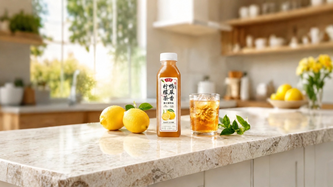 保持原海报构图、产品位置、柠檬茶叶装饰和台面背景不变，删除画面上所有额外添加的标题、副标题和卖点文字，仅保留瓶子包装本身自带的文字，保持整体光影、色彩和氛围感不变，16:9预览效果