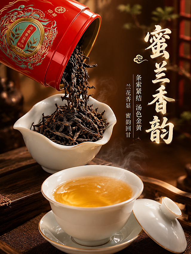 [主图-3] 细节与茶汤 中茶凤凰单丛茶 干茶与冲泡展示 竖版
[统一基调] 沉浸式氛围感 暖调国风 深棕+暖金+朱红配色 主标题用粗笔刷书法字 米白字色带暖金描边 辅助文案用细宋体 整体高级电影感 柔光侧逆光 烟雾缭绕
[画面] 产品红色茶罐位于画面上方 罐口微开 部分干茶条索倾倒入下方白瓷茶荷中 茶荷在画面中部 干茶条索紧结乌褐油润 微距质感清晰 画面下方摆放一只白瓷盖碗 碗中盛有冲泡后的金黄透亮茶汤 茶汤表面有热气升腾 背景为深棕色木质茶桌 虚化处理 右侧留负空间放文案
[光影质感] 微距摄影质感 暖调侧光 干茶纹理清晰可见 茶汤通透有光泽 茶罐漆面有细腻反光 热气有体积感
[配色] 主色深棕木色 辅色茶汤金黄 干茶乌褐 产品朱红 整体温润高级
[文字版式] 右侧主标题大字"蜜兰香韵" 下方细宋体"条索紧结 汤色金黄" 再下方小字"兰花香显 蜜韵回甘" 文字竖排 不遮挡主体
[输出要求] 750x1000 3:4比例 文字清晰 产品清晰不变形 无错字 无水印 无平台Logo 禁止杂乱元素
