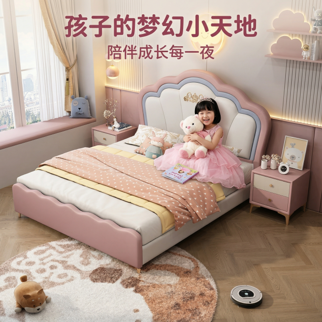 [主图8：儿童使用场景],[主图主题]儿童使用公主床真实场景 [氛围/风格]温馨治愈，充满童趣 [画面元素]7岁左右亚洲小女孩穿着粉色公主裙，开心地坐在贝壳床床头，抱着毛绒玩偶，床头放着童话书，暖黄小预览效果