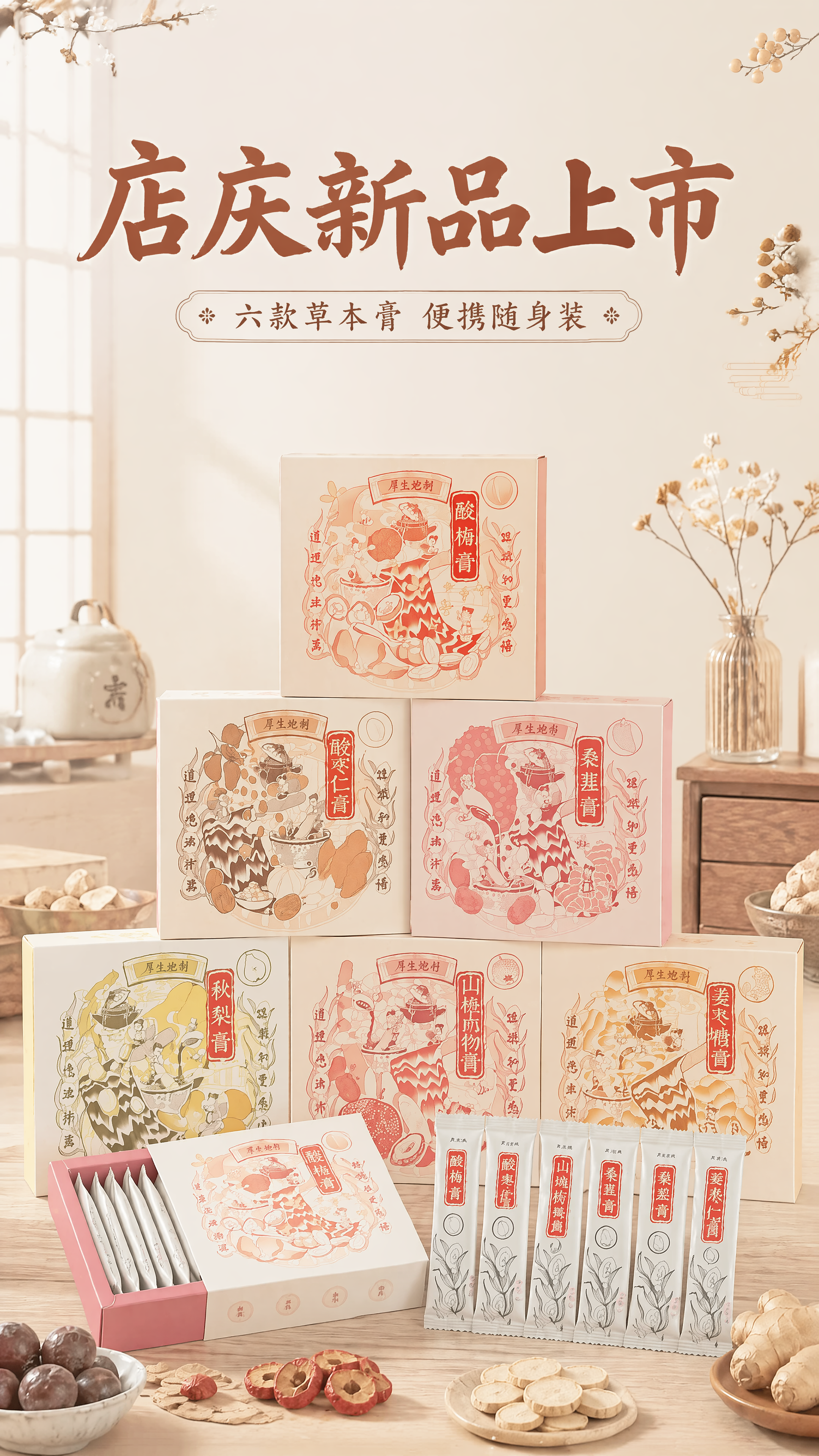 调整原有六款膏新品海报，修正山楂六物膏名称，删除所有卖点文字，… - 图片创意预览