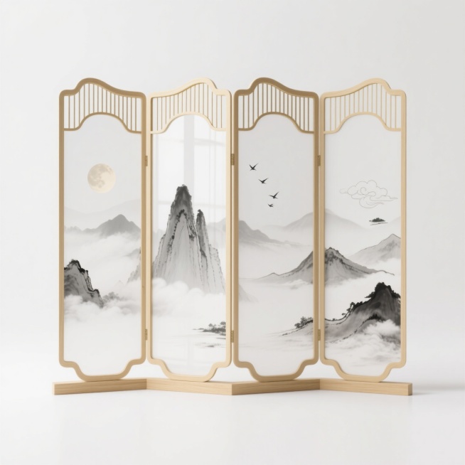 一张新中式风格的四扇屏风设计图，白色背景，屏风主体框架为金色细线条勾勒的波浪形轮廓，每个屏风单元的上半部分为镂空竖条纹设计，下半部分嵌入带有水墨山水画图案的玻璃面板，左侧第一扇屏风玻璃上是云雾缭绕的远山和圆形月亮，中间第二扇屏风玻璃上是高耸的山峰和飞鸟，右侧第三、四扇屏风玻璃上是连绵起伏的山峦和云朵，底部为浅木色底座，整体呈现出典雅、禅意的东方美学氛围，具有清晰的视觉层次和精致的细节设计。预览效果