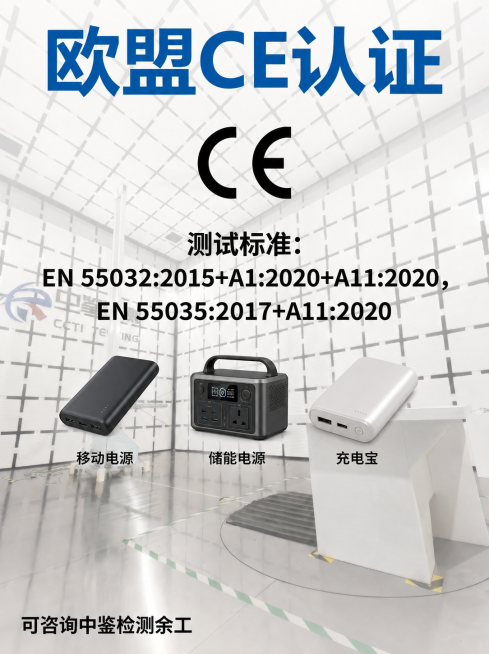 在这张欧盟CE认证图片中，在文字EN 55035:2017+A11:2020下方的空白位置，横向添加三张电子产品图片，分别是移动电源、储能电源、充电宝，每张图片下方标注对应产品名称，保持原图其他内容和预览效果