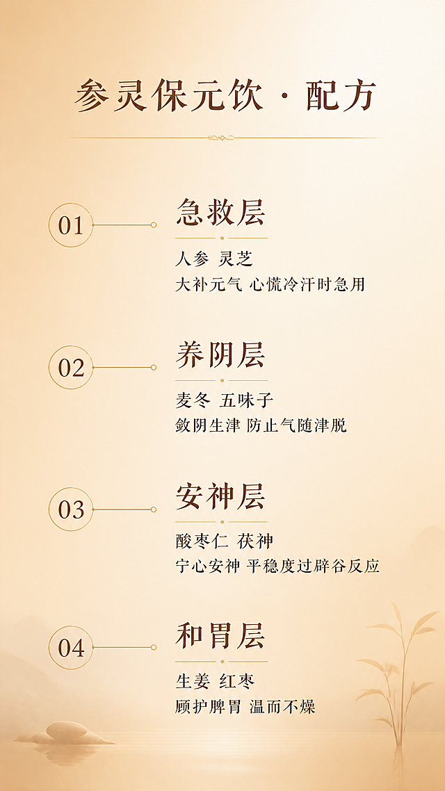 暖琥珀禅意风格详情页保元饮配方结构文字屏，暖琥珀渐变底色。画面上方标题'参灵保元饮 · 配方'，温润宋体，深棕色大字，标题下方细金线。下方采用分层结构呈现：第一层'急救层'配文字'人参 灵芝 大补元气 心慌冷汗时急用'；第二层'养阴层'配文字'麦冬 五味子 敛阴生津 防止气随津脱'；第三层'安神层'配文字'酸枣仁 茯神 宁心安神 平稳度过辟谷反应'；第四层'和胃层'配文字'生姜 红枣 顾护脾胃 温而不燥'。每层左侧有数字编号和细金线引导，排版疏朗，留白充足。禅意极简风格，竖版构图，文字清晰可读