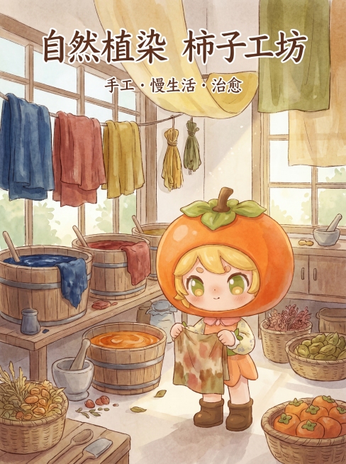 生成一张植染主题海报，保留这个柿子IP形象，整体为手绘风格，自然植物色调，体现植染工艺，清新治愈氛围预览效果
