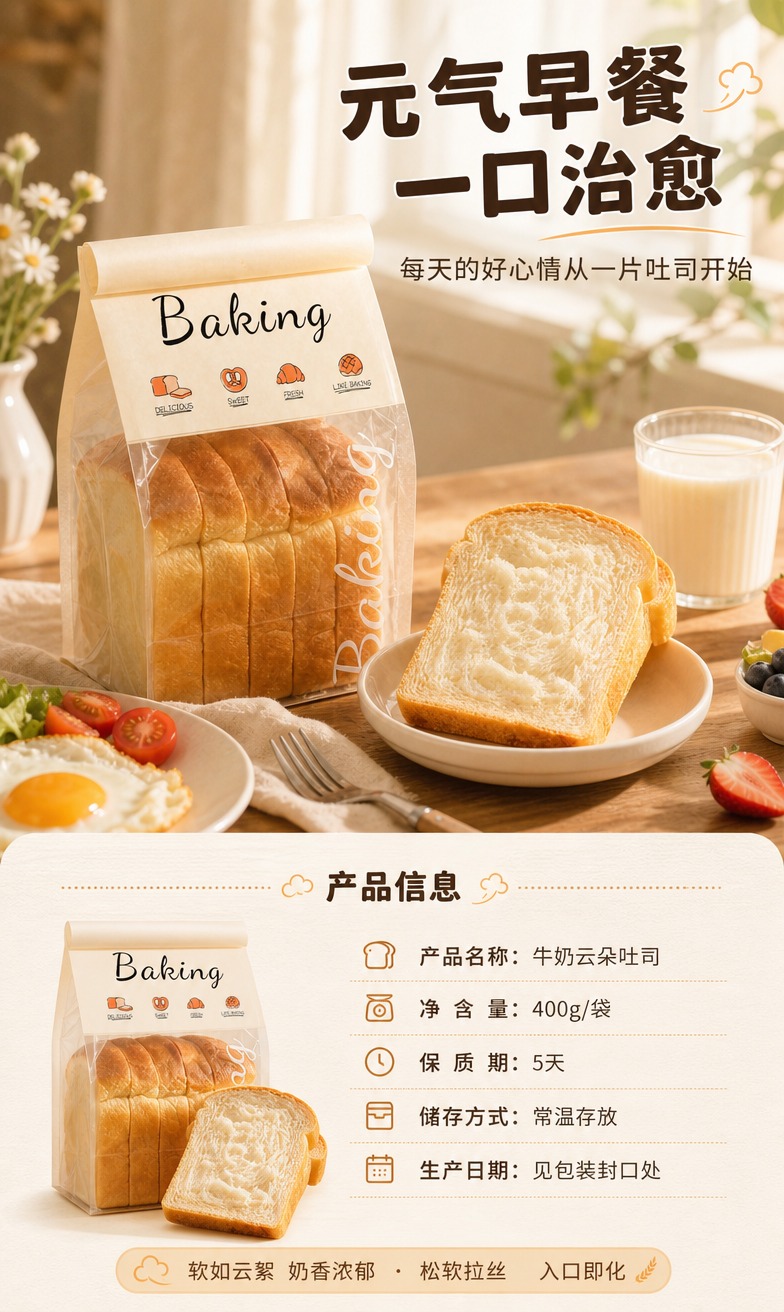 [商品] 使用【图1】牛奶云朵吐司整袋+切片；保留透明包装袋、… - 图片创意预览