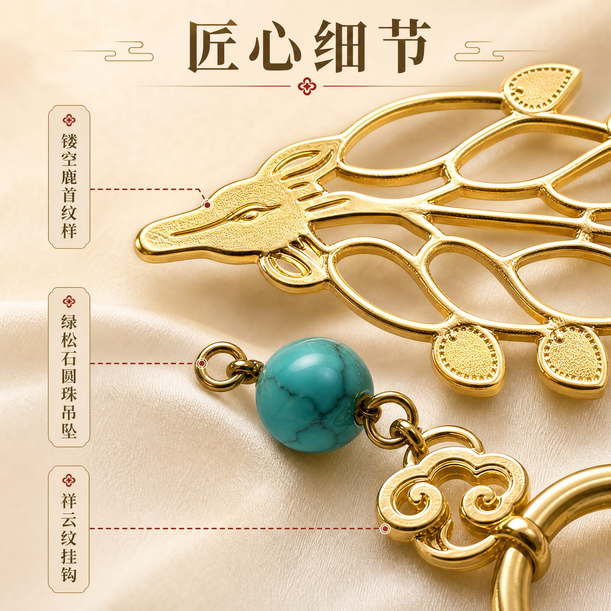 [主图-3] 材质结构与细节，微距展示镂空鹿首纹样、绿松石吊坠… - 图片创意预览