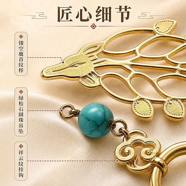 [主图-3] 材质结构与细节，微距展示镂空鹿首纹样、绿松石吊坠、祥云纹挂钩三大工艺细节，突出匠心品质。
[统一基调] 整体风格=国风雅致写实商业摄影；背景主色=浅米金；标题字色=深棕金；辅助字色=暖棕灰；强调色=朱砂红；字体样式=宋体衬线粗体；卡片/边框样式=细金色圆角边框、浅底信息卡。
[画面] 画面采用对角线构图，上方放大展示镂空鹿头鹿角花树吊饰的精致纹样，中部展示绿松石圆珠与金属链条的连接细节，下方展示祥云纹挂钩的立体浮雕工艺；三个细节区域用细金色引线连接标注；背景为浅米色渐变丝质质感，产品细节占画面70%。
[光影质感] 柔和侧光从左上方射入，突出金属镂空的立体感与层次，绿松石表面有自然高光与纹理，金属边缘有细腻反光，整体微距质感清晰。
[配色] 主色浅米金，背景做柔和渐变；强调色朱砂红用于引线端点和标签；金色金属与绿松石蓝绿色形成质感对比。
[文字版式] 左侧竖排三个细节标签卡，分别对应「镂空鹿首纹样」「绿松石圆珠吊坠」「祥云纹挂钩」，配细金色虚线引线指向对应部位；顶部居中放主标题「匠心细节」；文字横排，标签卡为圆角浅底样式。
[输出要求] 1:1正方形800×800px，2K分辨率，文字清晰可读，产品细节锐利；避免变形、错字、模糊、杂乱、水印、平台Logo、冷蓝背景、产品结构失真。