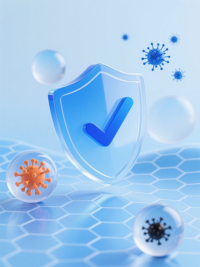 透明蓝色渐变玻璃质感的盾牌图标，中央有一个蓝色对勾符号，悬浮在由六边形网格构成的半透明蓝色波浪状背景上，盾牌周围分布着几个透明球体，其中一个球体内部有橙色病毒结构，另一个球体内部有黑色病原体，右上角有几个蓝色病毒粒子正在消散，整体画面呈现出科技感、保护感和纯净感，光线柔和，阴影细腻，具有3D渲染的立体感和光滑的材质表现，色调以浅蓝色为主，营造出安全、防护的氛围。