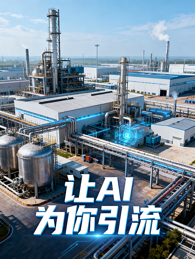 现代化工厂全景图，前景添加醒目的文字 "让 AI 为你引流"，竖版3:4科技工业风海报，画面大气清晰