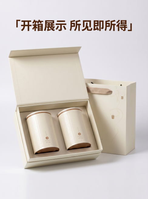 [详情图 7] 陈年普洱熟茶礼盒开箱效果展示竖版详情图。[氛围风格] 轻奢干净，展示完整内部结构；[画质] 商业摄影质感、光线柔和通透、产品清晰真实、画面干净高级。[元素] 打开礼盒盖子，里面整齐摆放预览效果