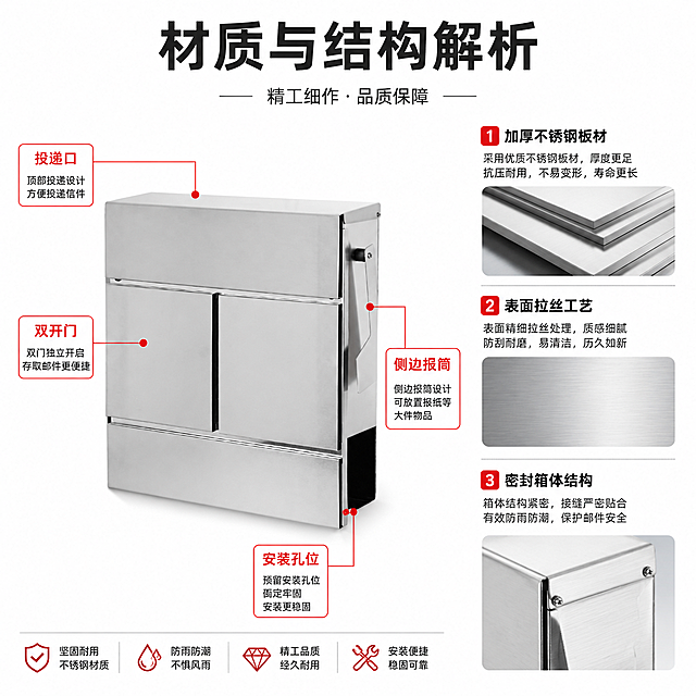 [第4屏] 不锈钢信报箱材质与结构解析页。本屏使用【图1】作为产品参考，标注产品结构特点。
[氛围/风格] 专业参数解析页，白底清晰展示，工业风排版，突出材质细节。
[元素布局] 左侧展示信报箱整体结构，用红色箭头和文字框标注关键部位：投递口、双开门、侧边报筒、安装孔位；右侧分区域介绍不锈钢材质特点：1. 加厚不锈钢板材，2. 表面拉丝工艺，3. 密封箱体结构。保留产品整体结构和材质质感与原图一致。
[光影质感] 均匀布光，产品细节清晰，标注箭头醒目，整体干净专业。
[配色色系] 全局底色：#ffffff；标注色：#d93025（红色）；文字色：#333333（深灰）。
[视角构图] 左图右文排版，产品在左侧占据55%画面，文字说明在右侧，结构清晰层级分明。
[文字版式] 顶部主标题「材质与结构解析」黑色粗体；每个标注配简洁说明文字，右侧每个卖点配标题和描述，文字大小适中，移动端清晰可读。
[比例分辨率] 1:1正方形比例，4K分辨率，文字清晰可辨，超高清。
[负向提示词] 产品变形，结构错误，标注错乱，文字模糊，水印，颜色偏差。