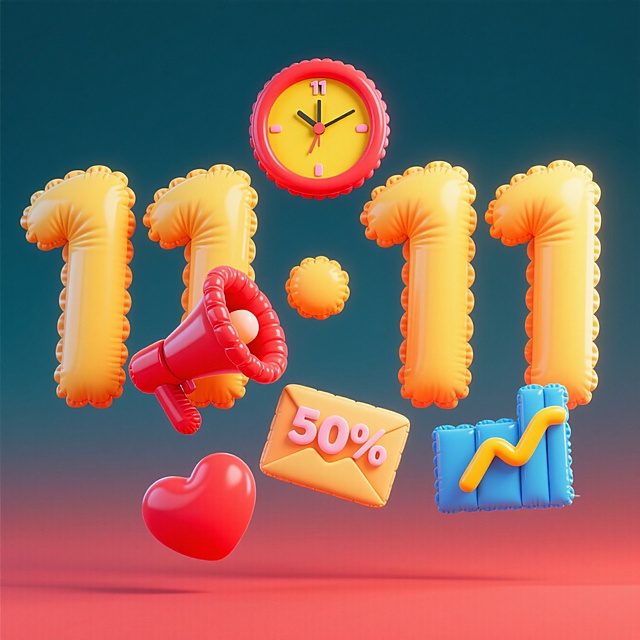 软3D充气风设计，卡通感十足的“11.11”数字搭配喇叭、时钟与促销元素，波普艺术色彩碰撞，营造喜庆热烈的双十一购物节氛围。