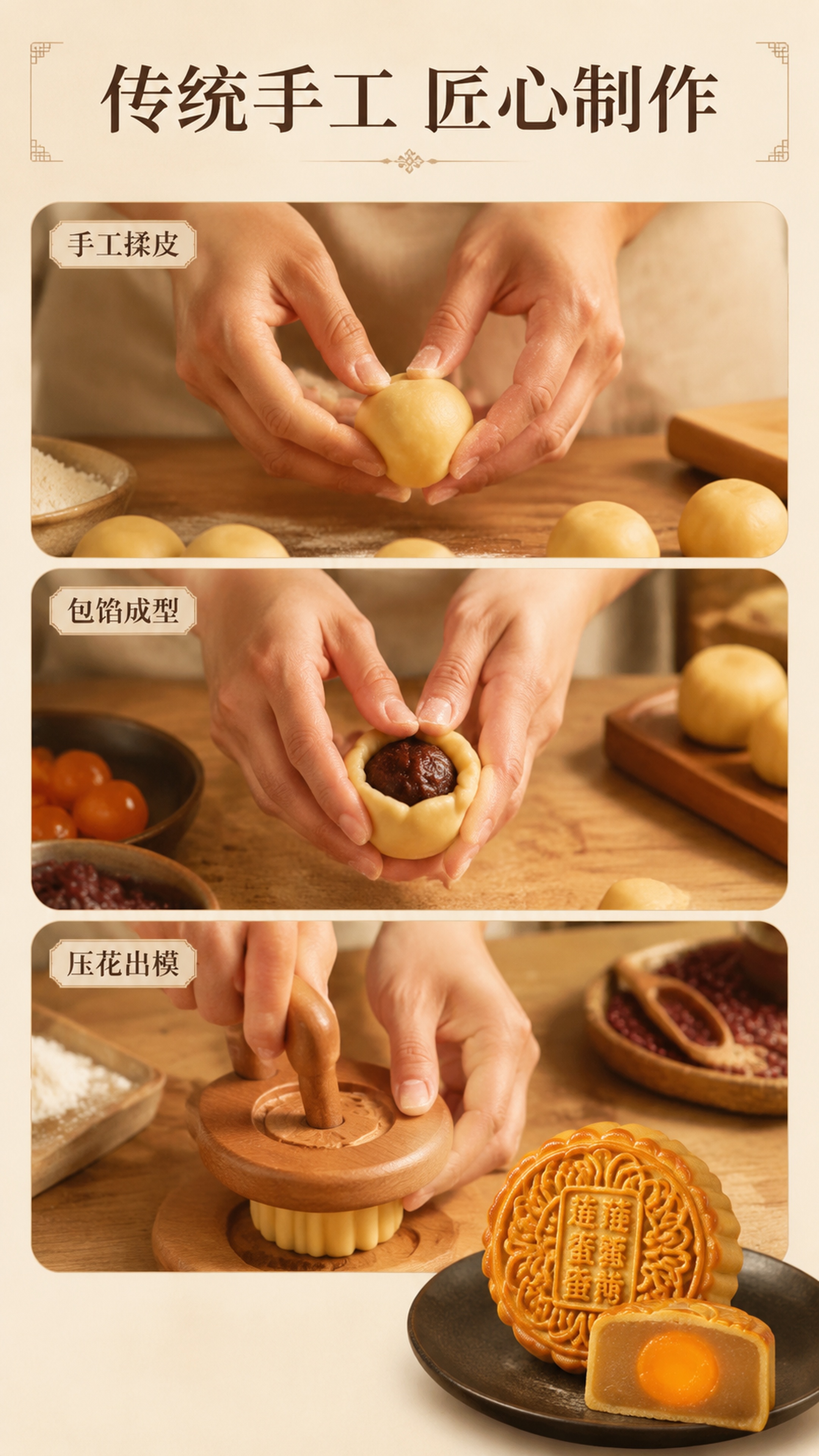 [第3屏] 详情页工艺屏-广式月饼手工制作工艺展示。 [氛围/… - 图片创意预览