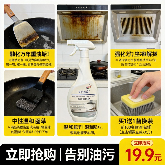 生成300张分别是100张抖音风格100张淘宝风格,100张拼多多风格不同场景的油污净电商主图，价格“19.9元”，比例1:1，文案内容:“融化”万年重油垢！无需费力刷，眼见为实的溶解力, 喷一喷，擦预览效果