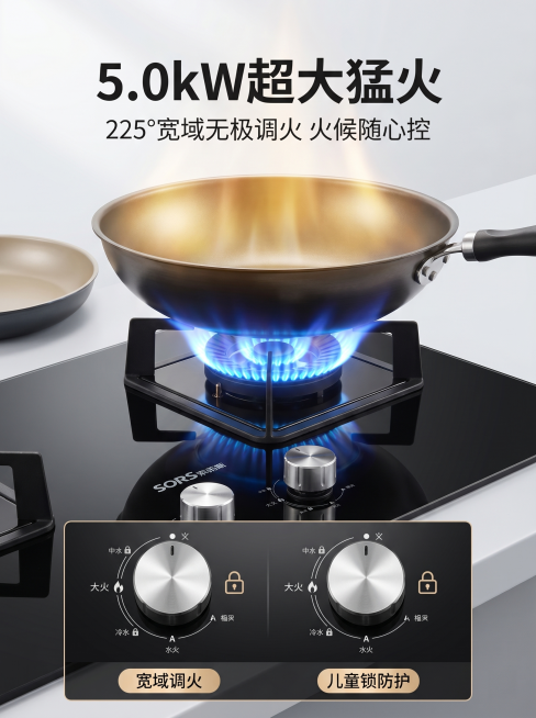 [主图-4] 燃气灶火力与功能展示
[氛围风格] 功能场景展示，实用可信
[画质] 商业摄影质感、光线柔和通透、产品清晰真实、画面干净高级
[元素] 中心展示燃气灶大火燃烧状态，火焰蓝色强劲直冲锅底，预览效果