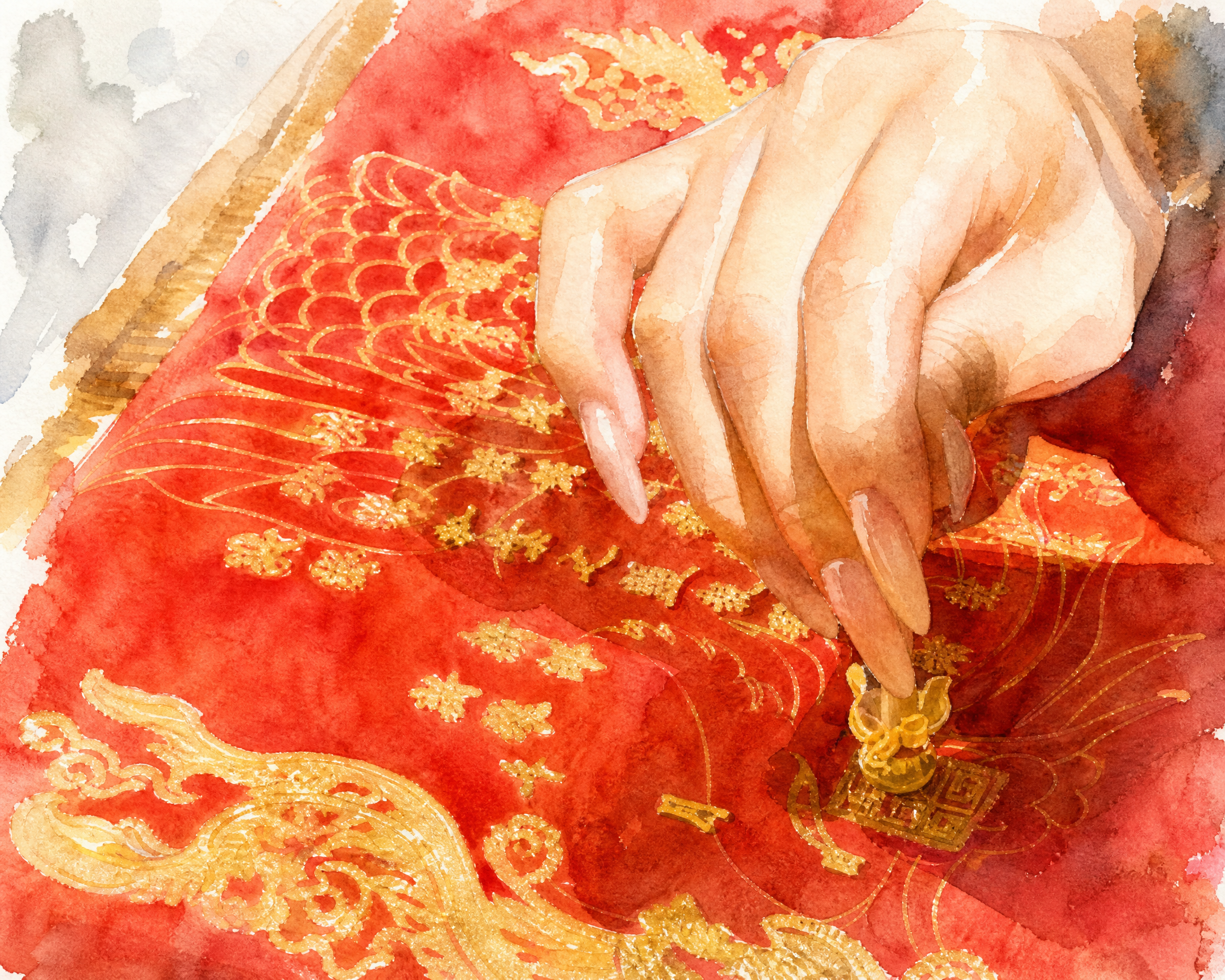 水彩手绘风格，画面为一只手正在红色织物上进行手工创作，织物上有… - 图片创意预览