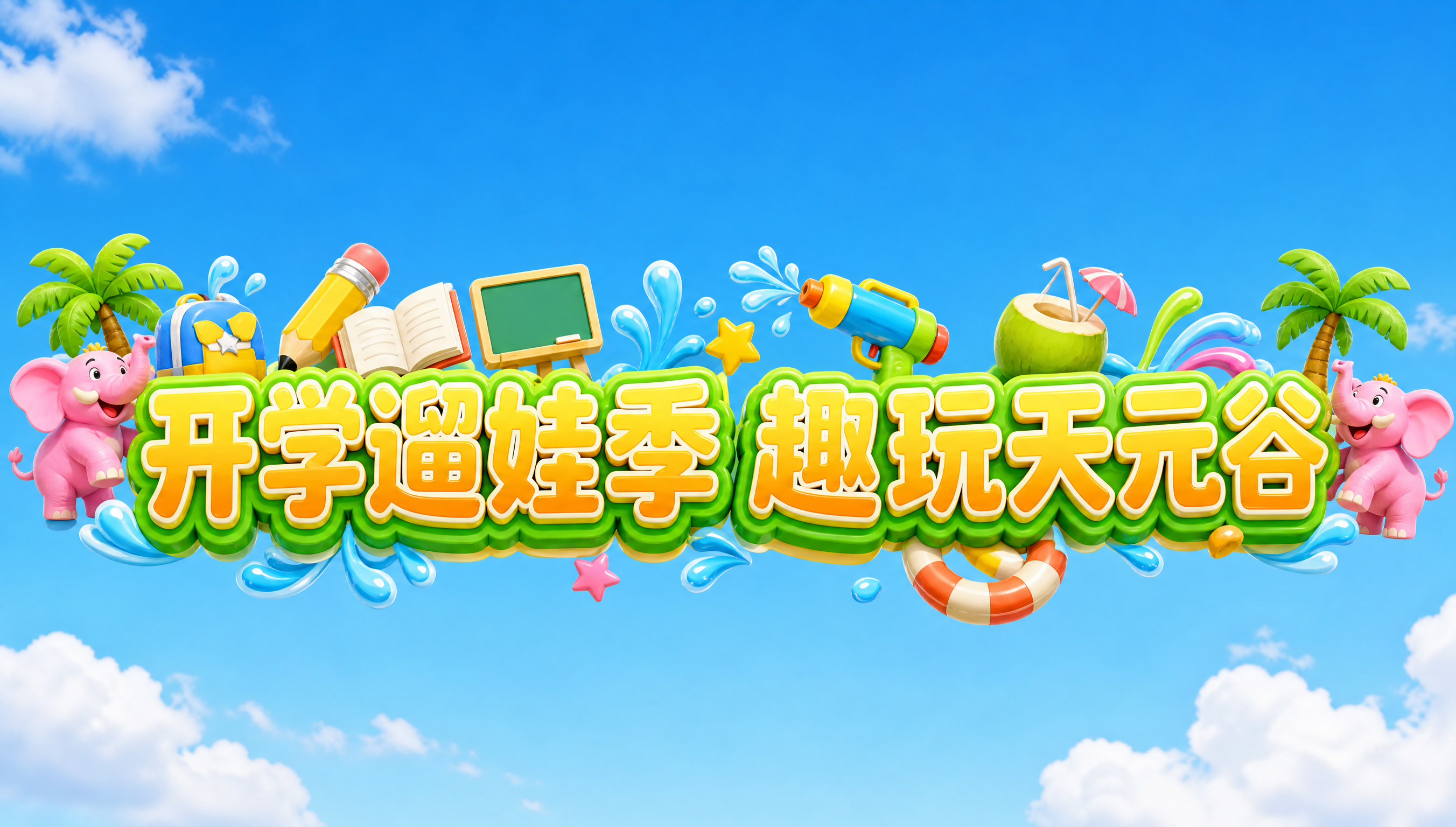 参考图1的3D立体卡通标题风格排版，生成主标题"开学遛娃季 趣… - 图片创意预览