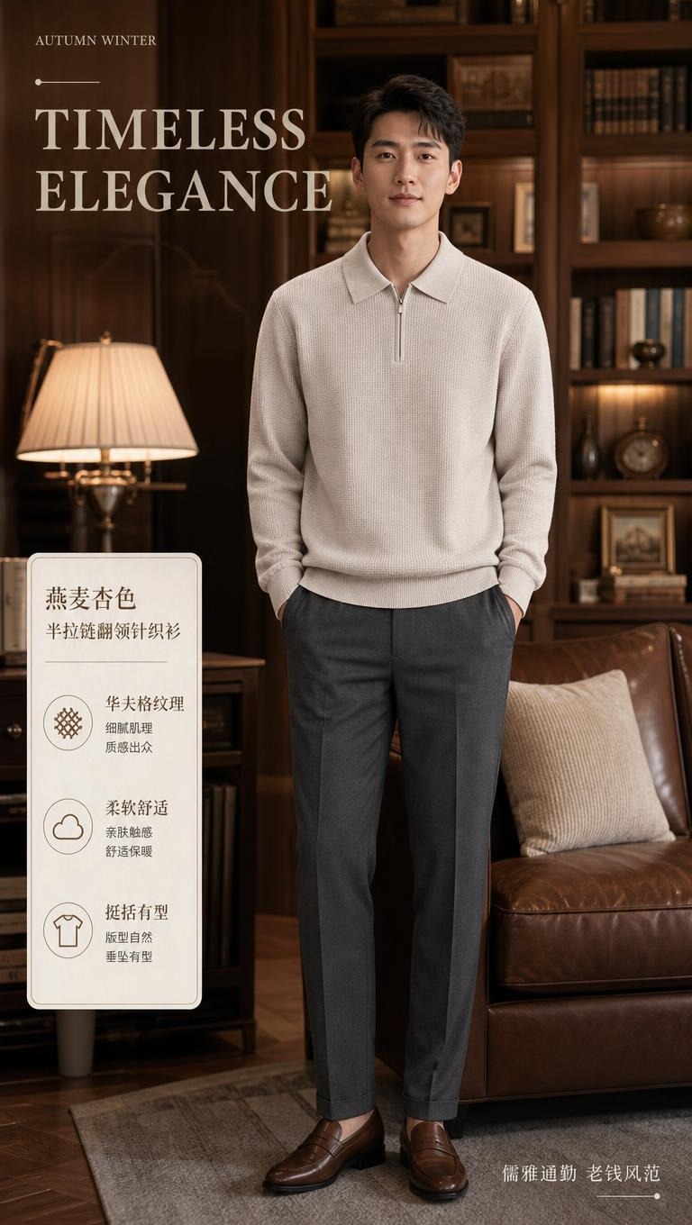 [商品] 使用【图1】燕麦杏色半拉链翻领针织衫；商品处理：保留… - 图片创意预览