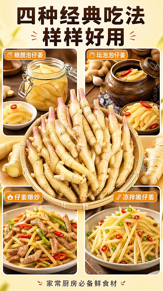 [第5张] 四种经典吃法场景拼图页。本张使用【图6】中的吃法场景作为参考版式，仔姜产品以【图1】【图5】为外观参考。
[氛围/风格] 家常美食种草风，食欲感满满，拼多多场景拼图风格，暖色调温馨。
[元素布局] 画面中央为一整篮红芽嫩仔姜作为视觉中心，占画面约35%；四个角分别为2×2布局的圆角卡片场景图：左上糖醋泡仔姜（玻璃罐泡姜片）、右上坛泡泡仔姜（泡菜坛+腌姜）、左下仔姜爆炒（仔姜肉丝炒菜）、右下凉拌嫩仔姜（凉拌姜丝）。每张场景图都有真实食物质感。
[光影质感] 整体暖光照明，每张小场景图有独立光影，食物有油光/汁水光泽，整体温暖有食欲。
[配色色系] 全局底色 #FFF6E0 暖米黄；主色姜黄 + 红橙；辅助色深棕文字、绿色葱花辣椒点缀。
[视角构图] 中心产品+四角场景的放射式构图，阅读动线：中心仔姜 → 四周四种吃法。
[文字版式] 顶部主标题「四种经典吃法 样样好用」，粗黑体深棕色；四个场景图各配一个橙底白字圆角标签：「🍯糖醋泡仔姜」「🫙坛泡泡仔姜」「🔥仔姜爆炒」「🥢凉拌嫩仔姜」，标签位于各场景图左上角；底部小字补充「家常厨房必备鲜食材」。
[比例分辨率] 9:16 竖版比例，4K 分辨率，文字清晰可辨，高清画质。
[负向提示词] 食物变形，颜色偏差，水印，文字错乱，产品图模糊，背景杂乱，出现平台logo。