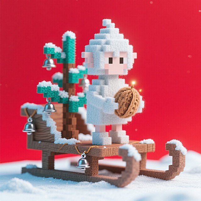 雪精灵立在胡桃木雪橇上，雪橇缀银铃，红色背景，精灵手捧发光绿松枝，枝桠落细碎白霜