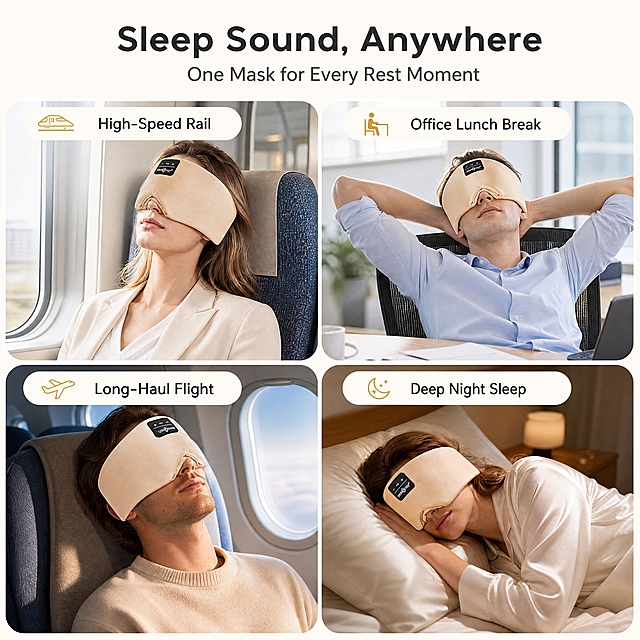 [Amazon A+ Main Image 4 - Use Scenarios] 1:1 square, all English text, clean bright minimal layout.

[Scene] Four rounded-corner scenario panels in a 2x2 grid, each showing the mulberry silk Bluetooth eye mask in a real use environment with a Western person (no face needed or natural side profile):
1. High-speed rail commute — young Western professional resting in a clean modern train seat wearing the eye mask, soft daylight
2. Office lunch break — Western office worker reclining at a desk / lounge chair during break wearing the eye mask, calm bright office
3. Long-haul flight — Western traveler sleeping in an airplane seat with the eye mask, soft cabin light
4. Deep night sleep — cozy bedroom at night, person lying in bed wearing the eye mask, peaceful warm light

[Product] Keep exact champagne mulberry silk Bluetooth eye mask from reference in each panel.

[Copy - English]
Main title (dark charcoal, elegant): "Sleep Sound, Anywhere"
Subtitle: "One Mask for Every Rest Moment"
Four panel labels:
- High-Speed Rail
- Office Lunch Break
- Long-Haul Flight
- Deep Night Sleep

[Style] Bright clean background with soft cream panels, even soft light, realistic photography, clean no clutter. Charcoal text, subtle gold accent, modern sans-serif labels. 4K quality, no watermark, no Chinese characters, no spelling errors, no ghosting.