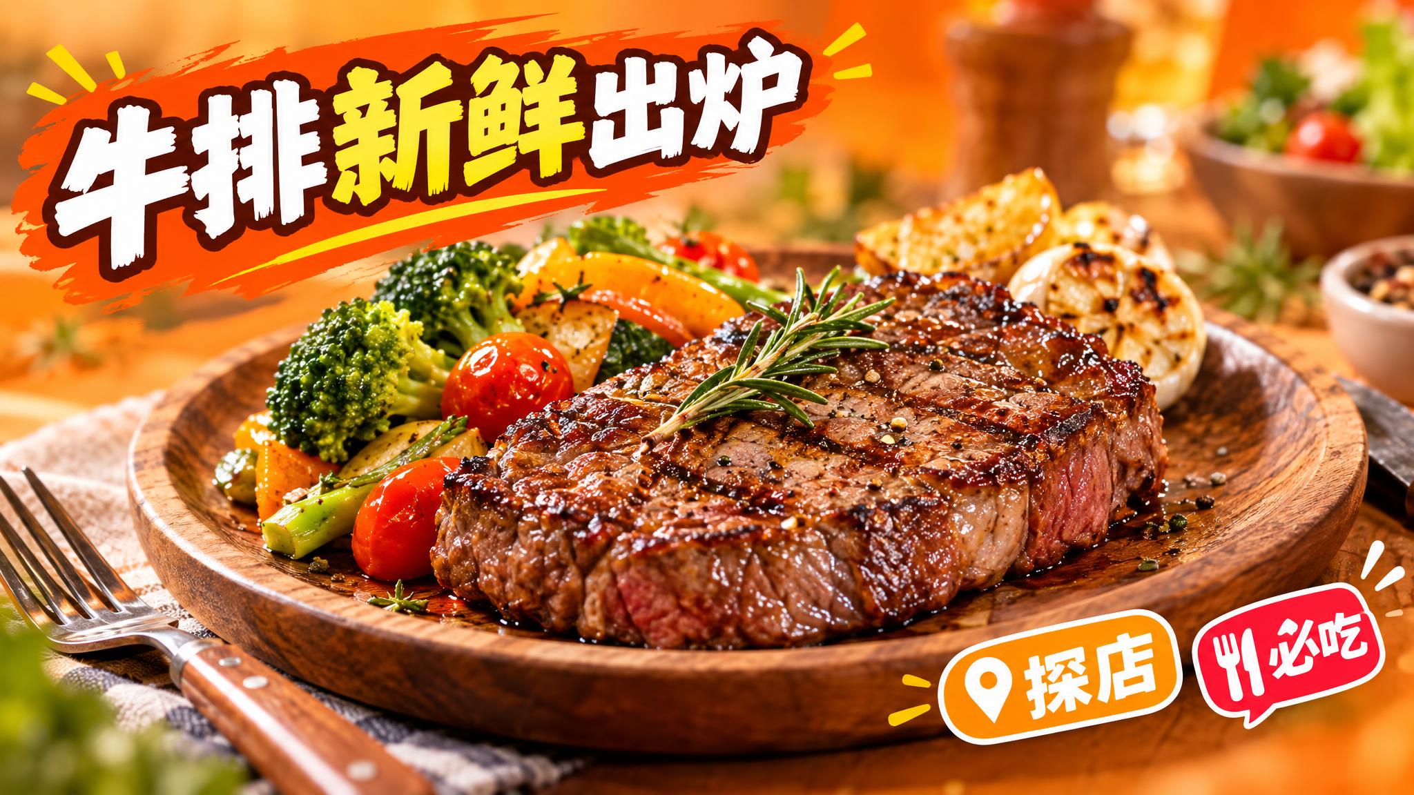 活力美食风格，暖橙色背景，画面中心是一盘色泽诱人的牛排，搭配新… - 图片创意预览