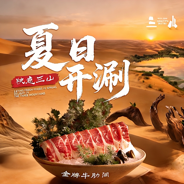 在保持参考图其他所有元素均不变的情况下，将图片中的文字“春日食鲜”修改为“夏日开涮”，字体保持和参考图一致的飘逸书法笔刷风格，让“夏日开涮”字体足够飘逸，保留所有其他元素和构图不变