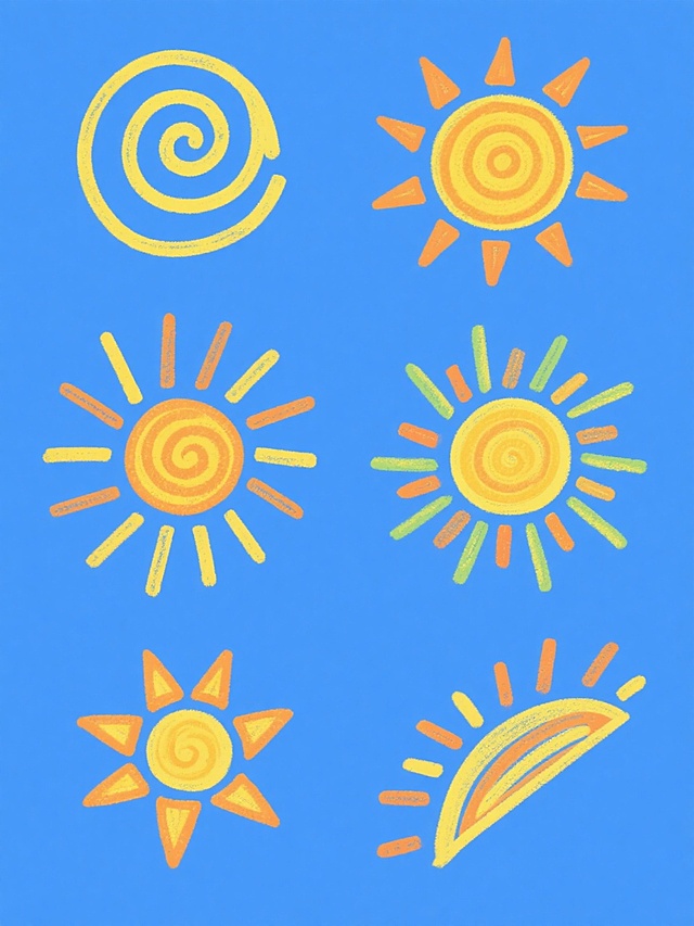 一套6个系列素材集合，每个素材均为手绘风格的太阳图案，保持原有的螺旋状中心和放射状短线条光芒元素内容，采用同一套纯色背景与太阳配色方案，每个太阳具有完全不同的造型和角度（如不同旋转方向的螺旋、不同数量或排列方式的光芒、不同倾斜角度的整体姿态），所有素材规整排布在同一画面中，整体呈现出儿童画般的粗粝笔触质感，线条边缘带有自然的颗粒感和晕染效果，色彩鲜明且均匀填充，保持简洁明快的视觉风格。